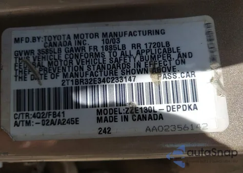 2004 Toyota Corolla Ce z USA, uszkodzony, nr VIN 2T1BR32E34C233147